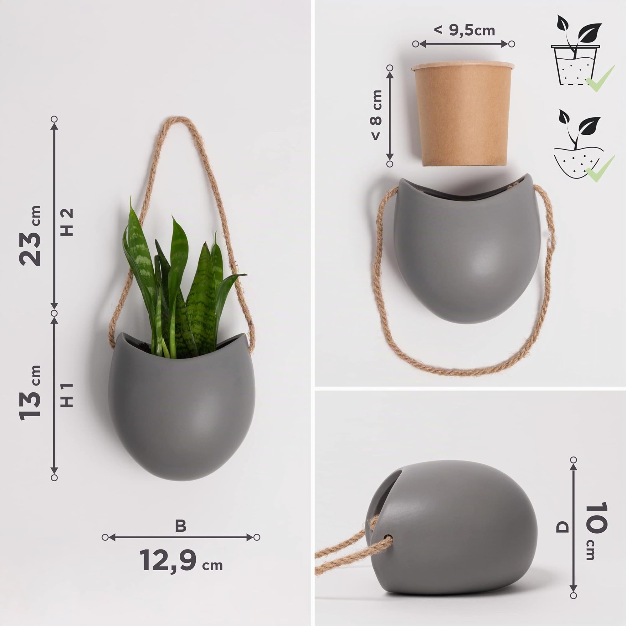 Kazai. Macetas de Pared -Ellie- | Macetas Colgantes De Cerámica | 3 Piezas | Decoración de Pared para Interiores, Balcones y Jardines | Gris (Mate)