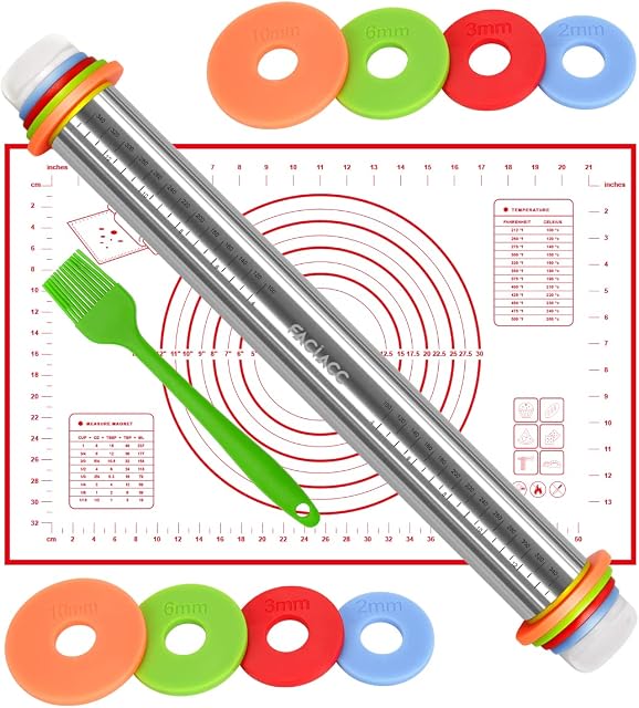 FACIACC Rolling Pin with Thickness Rings Adjustable Stainless Steel 17 inch Rolling Pin and Silicone Baking Mat for Baking Dough, Pizza Pie, Pastries, Pasta and Cookies