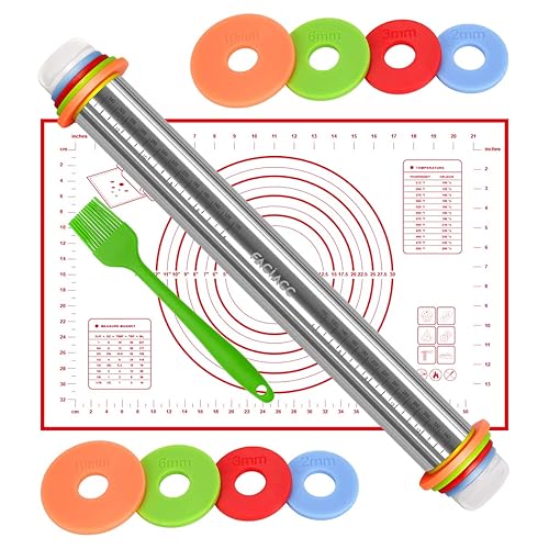 FACIACC Rolling Pin with Thickness Rings Adjustable Stainless Steel 17 inch Rolling Pin and Silicone Baking Mat for Baking Dough, Pizza Pie, Pastries, Pasta and Cookies