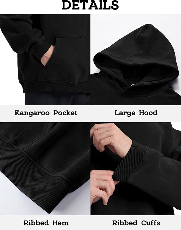 Hatant Mens Hoodies Pullover Oversized Sweatshirt Heavyweight Acid Washed Hoodie Big and Tall for Men Couples Streetwear, Workout, Casual, Black, L image 6