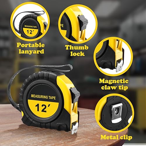 Miniatura 3 de Cinta métrica retráctil de 20 piezas de 12 pies a granel con fracciones marcadas de fácil lectura, cinta métrica amarilla, juego a granel para