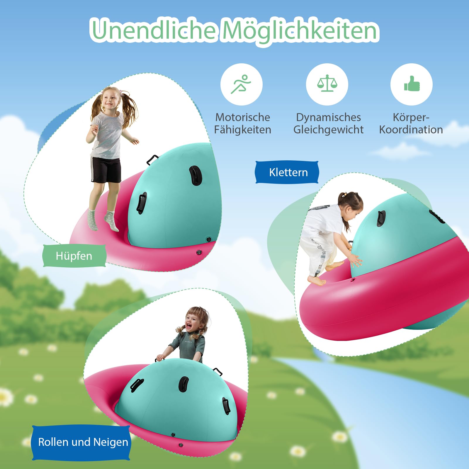 SOARS Aufblasbare Kletterkugel, Hüpfball zum Klettern für Kinder ab 5 Jahren, Kletterkuppel mit 6 Griffen bis zu 113kg belastbar (Grün+ Rosa)