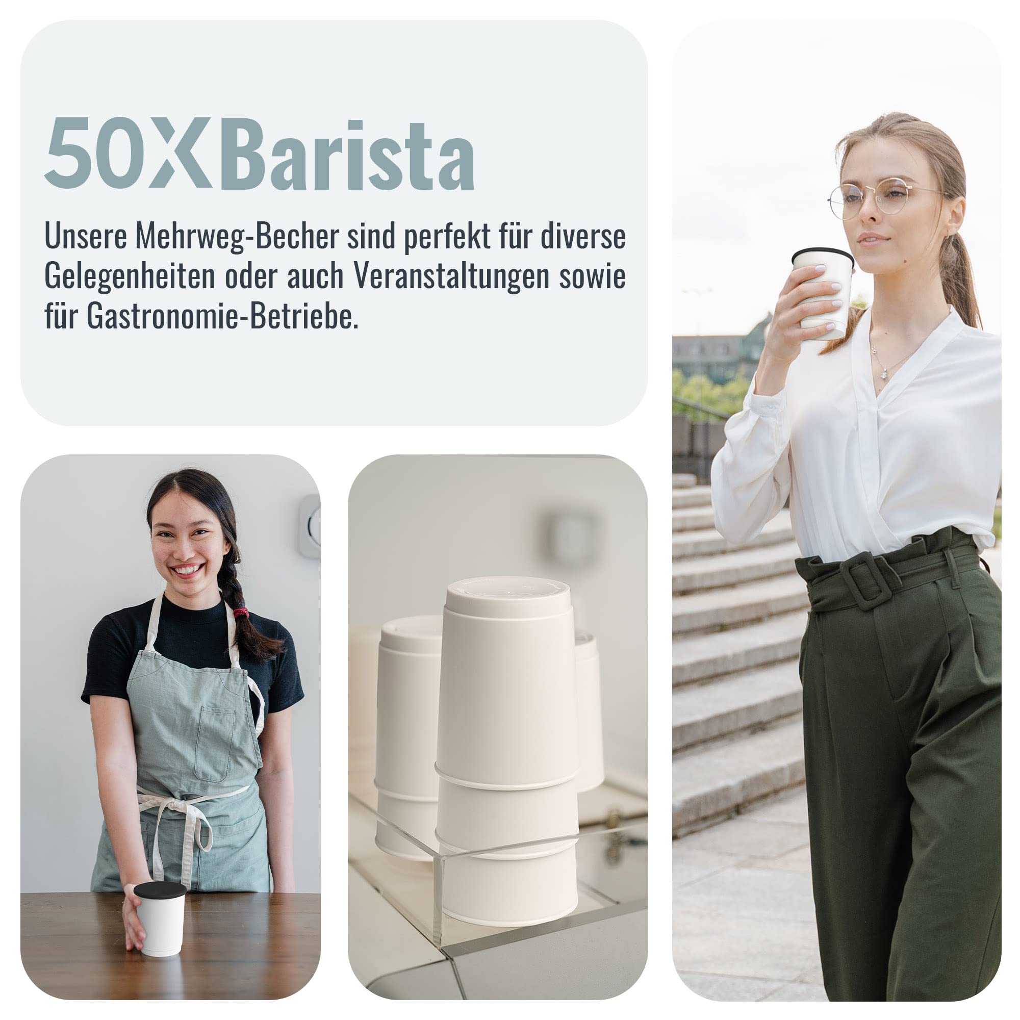 achilles Kaffeebecher mit Deckel, Kunststoffbecher, Mehrwegbecher, Trinkbecher, LFGB geprüft, spülmaschinenfest, stapelbar, 330 ml, Becher grau, Deckel schwarz, 50 Stk.