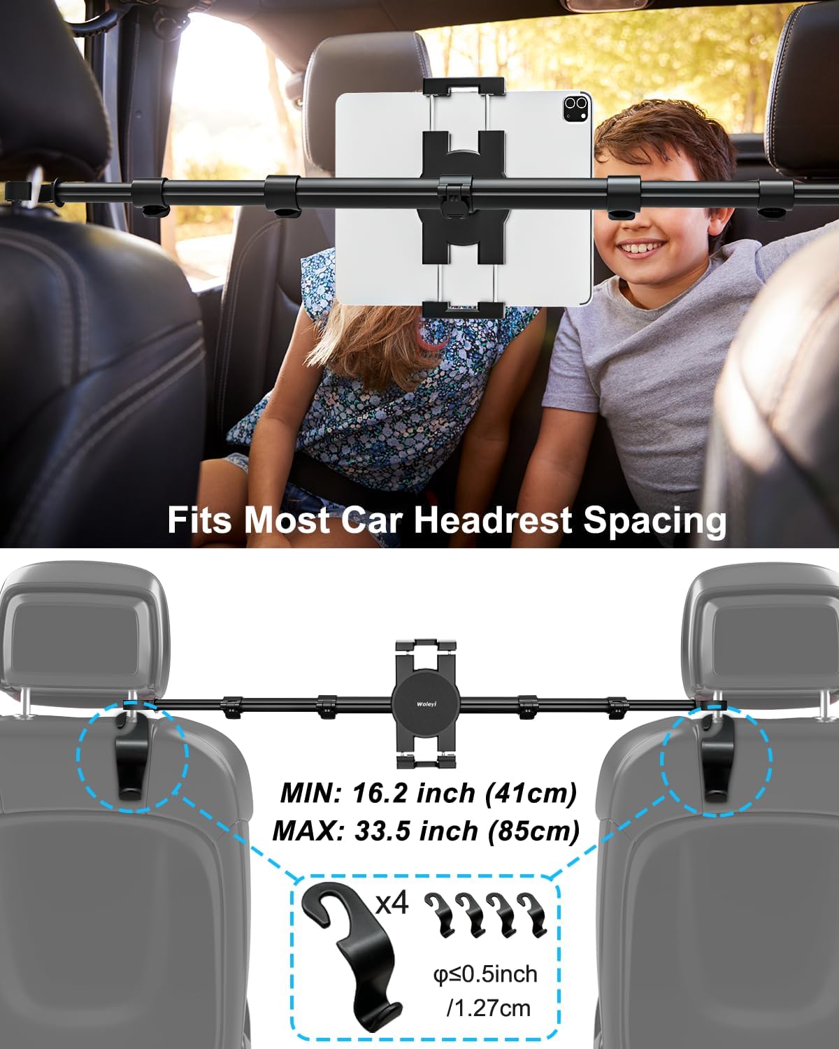 woleyi Car Tablet Headrest Holder for iPad - Car Back Seat Headrest Tablet Mount Stand, Road Trip Essentials for Kids, for iPad Pro Air Mini, Galaxy Tabs, Kindle Fire HD, Switch, iPhone, 4-13" Devices