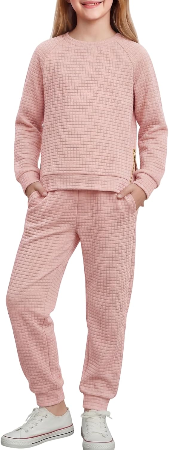 Arshiner Girls 2 Piece Tracksuit Set Long Sleeve Grid Pullover Top with Jogger Pants Kids Outfits for 5-14 Years