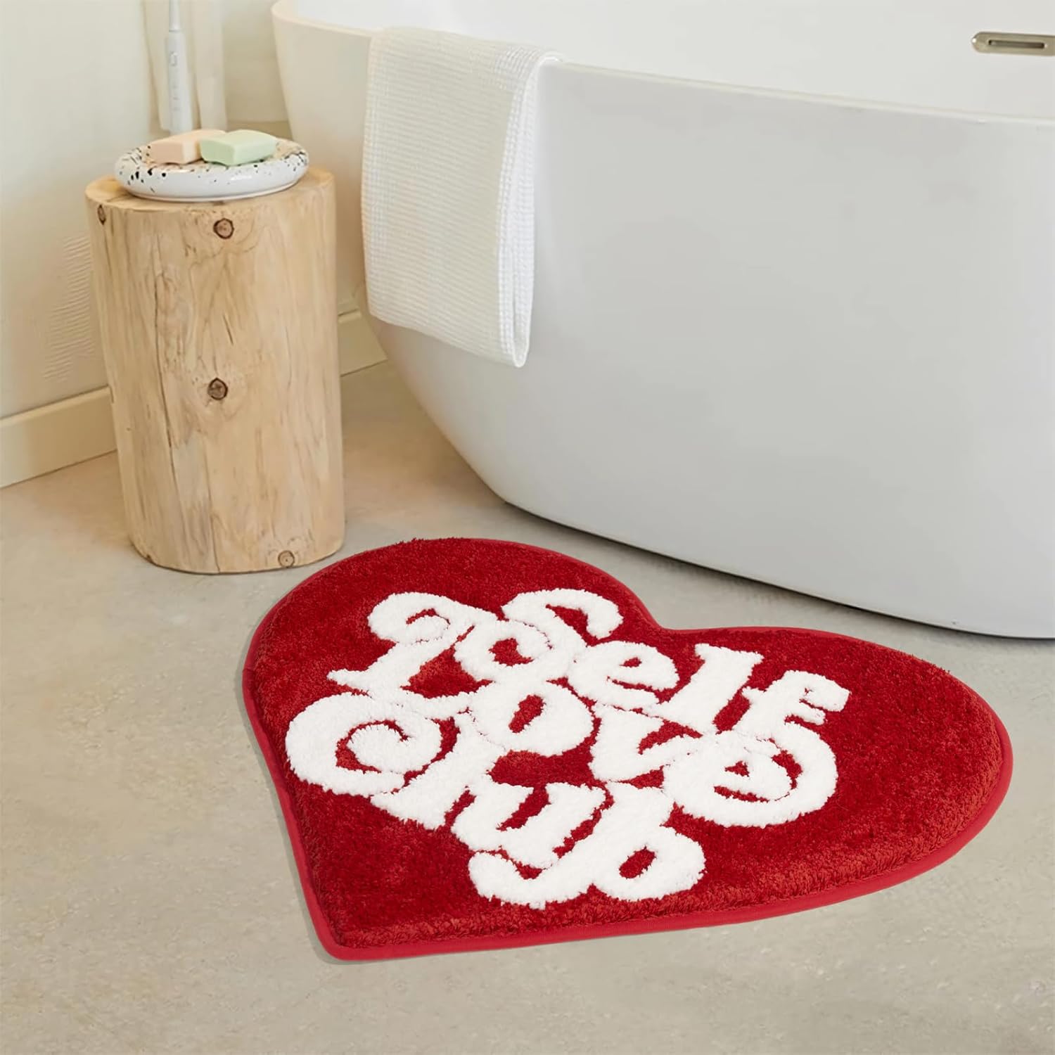 ELDONE Self Love Club Rug Heart Shaped - Cute Bath Mat Non Slip, Funky Aesthetic Groovy Small Accent Rugs for Bedroom Bathroom, Girls Preppy Room Decor, Red Heart Rug 28"x23"