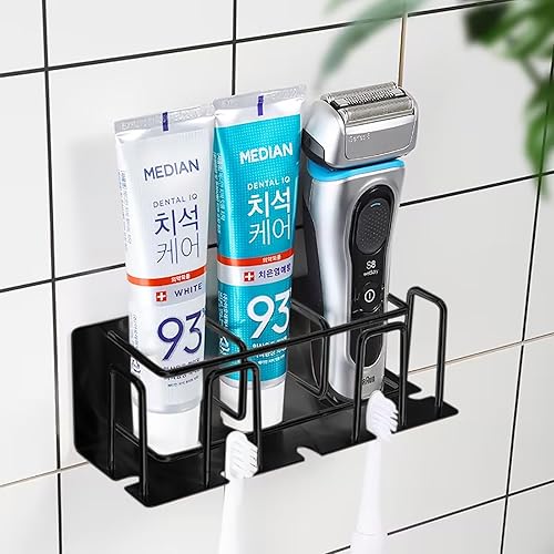 Soporte para cepillo de dientes y pasta de dientes montado en la pared - Organizador de baño que ahorra espacio (negro)