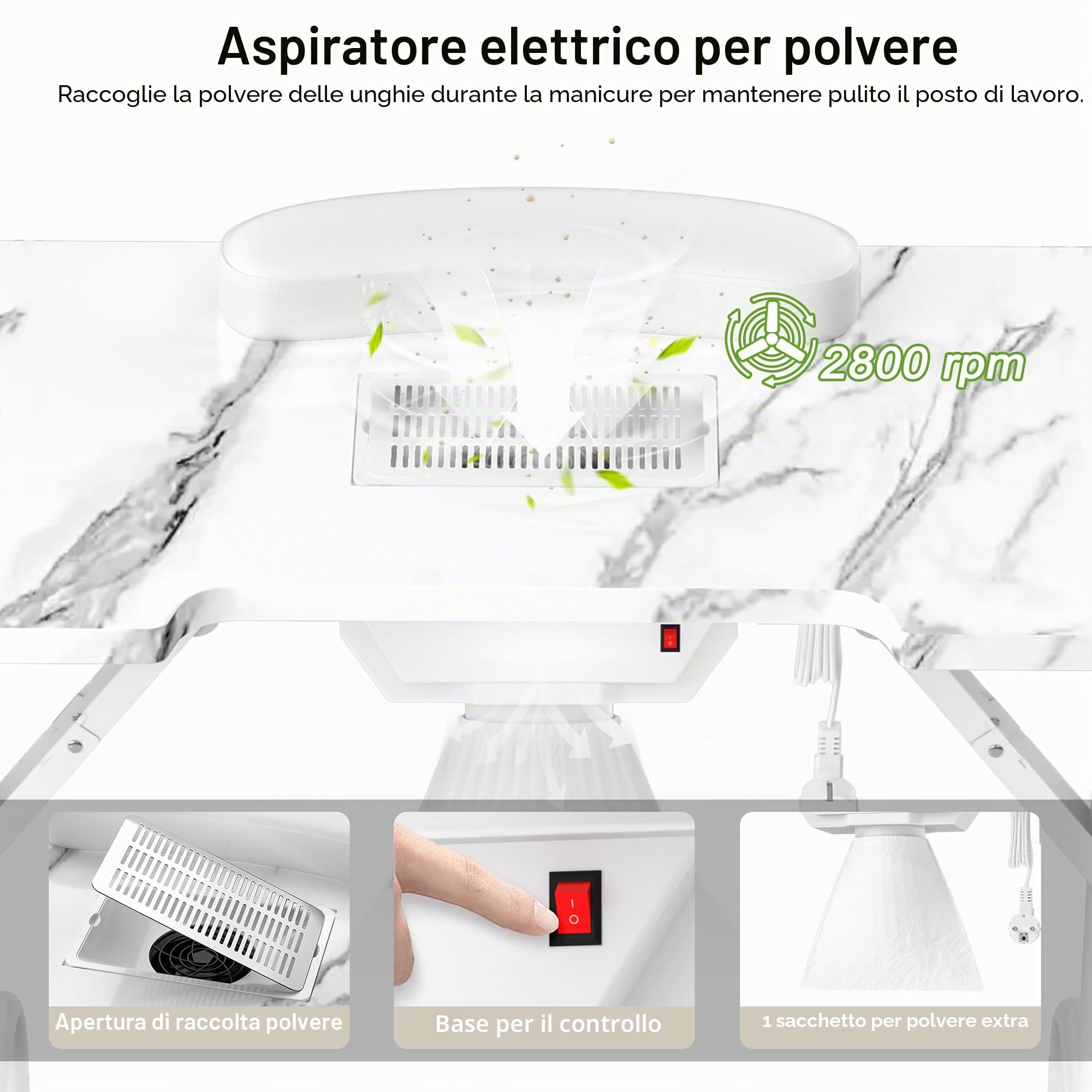 Tavolo da manicure FIVMEN con aspirazione Pieghevole Tavolo per manicure Tavolo per manicure per studio di unghie con aspirazione della polvere e 4 ruote per saloni di bellezza, bianco
