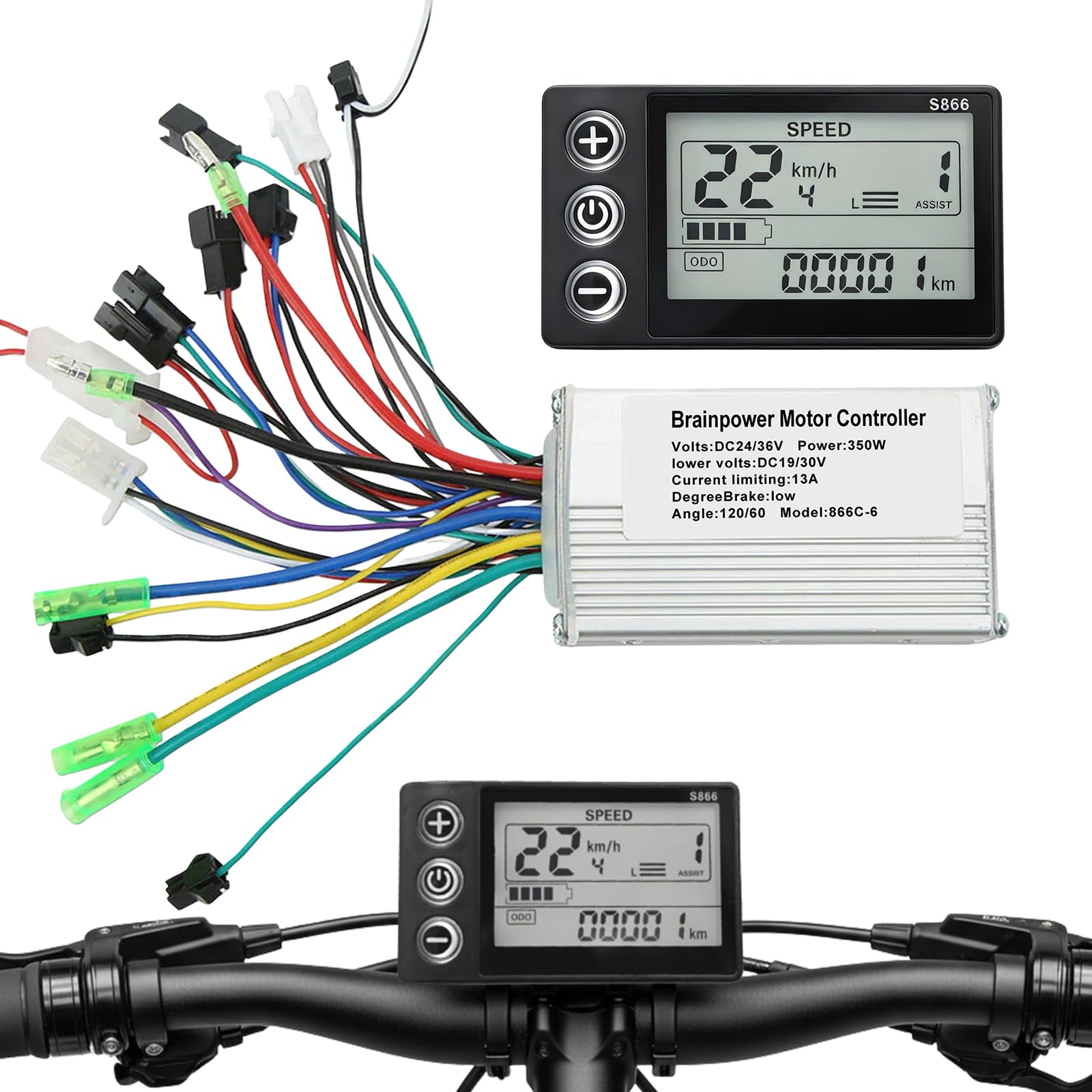 Kit de Contrôleur de Moteur sans Balais pour Vélo Électrique, 24V 36V 350W 13A Contrôleur de Moteur Brushless avec Panneau d'Affichage LCD S866 Étanche pour Trottinette Électrique
