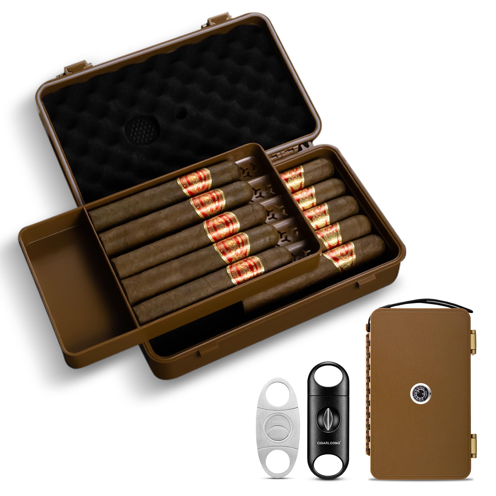Tragbare zigarren humidor,humidor zigarren set mit Zigarrenschneider, Hygrometer und Befeuchter, Reise Zigarrenetui Röhre für 10 Zigarren, Portable Tragbarer Behälter Humidorhalter (Braun)