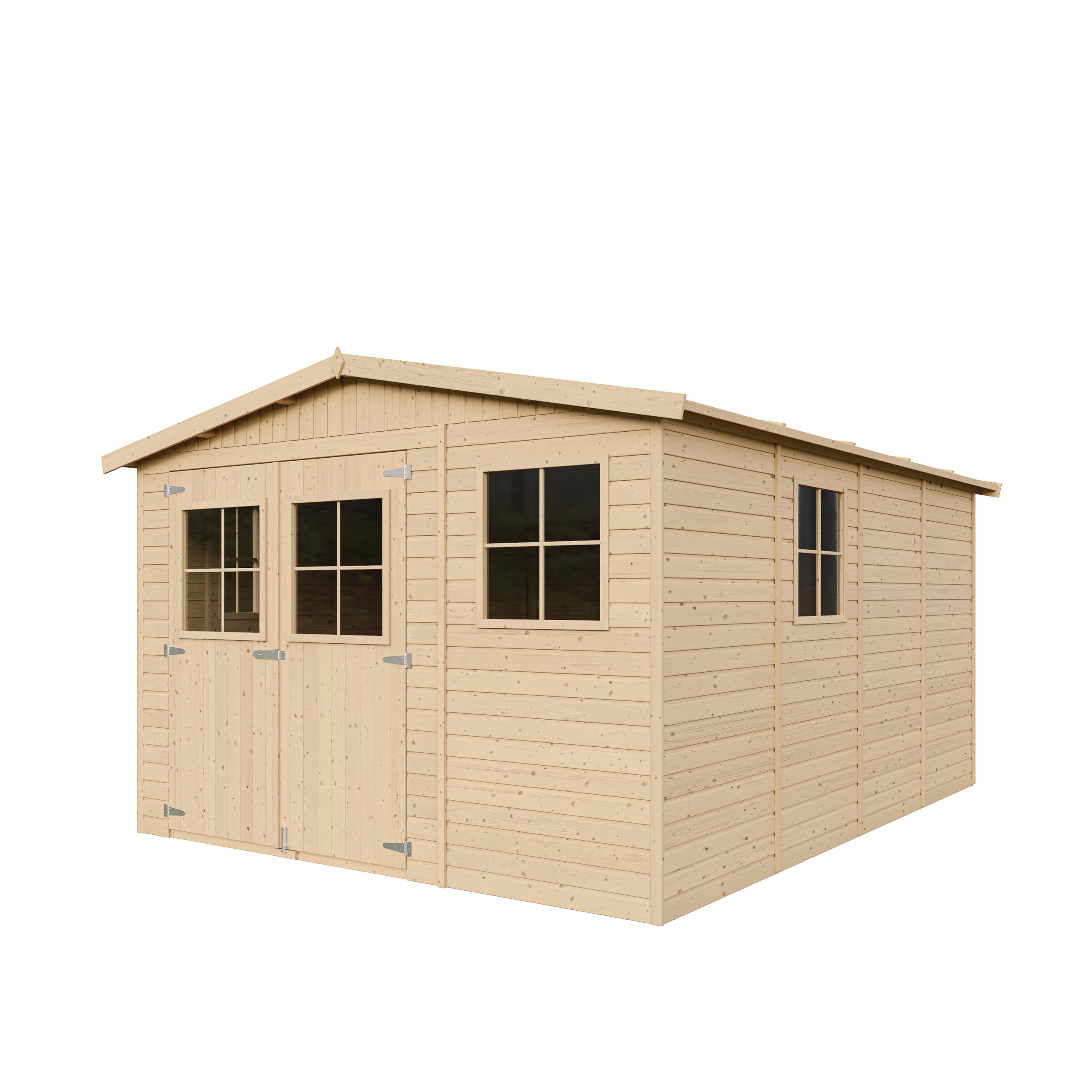 Gartenhaus Holz MIT IMPRÄGNIERTEM Boden - Geräteschuppen mit Fenstern - H226x418x320 cm/12 m² Naturholz-Shiplap-Schuppen - Gerätehaus - Fahrradschuppen - TIMBELA M336+336G