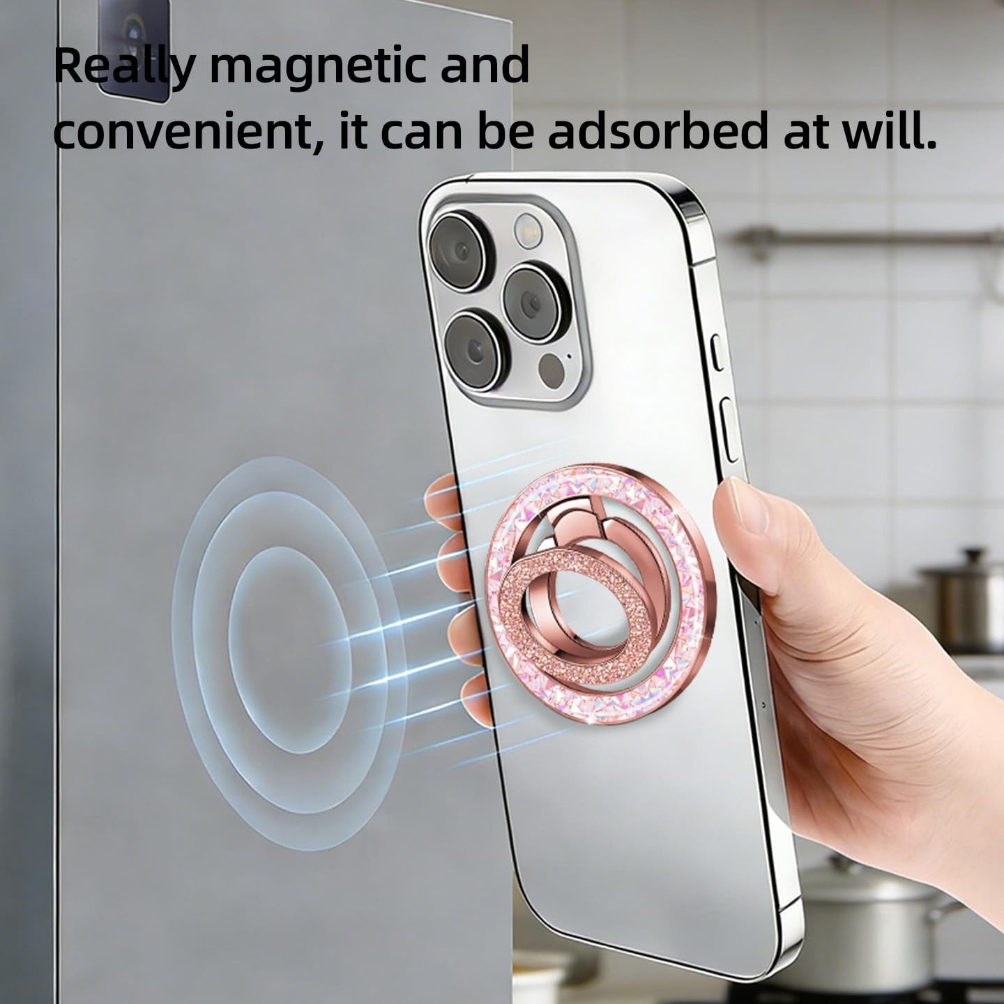 Bling Double Phone Ring Holder, Crystal Magnetic Phone for MagSafe Grip with 360° Rotating Adjustable Kickstand, Double Magnetic Ring Stand for iPhone 17/16/15/14/13/12 Series, Rose Gold image 3