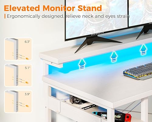 Miniatura 7 de ODK Escritorio para juegos en forma de L con tomas de corriente y rayas LED, escritorio reversible para computadora con cajón de archivos,