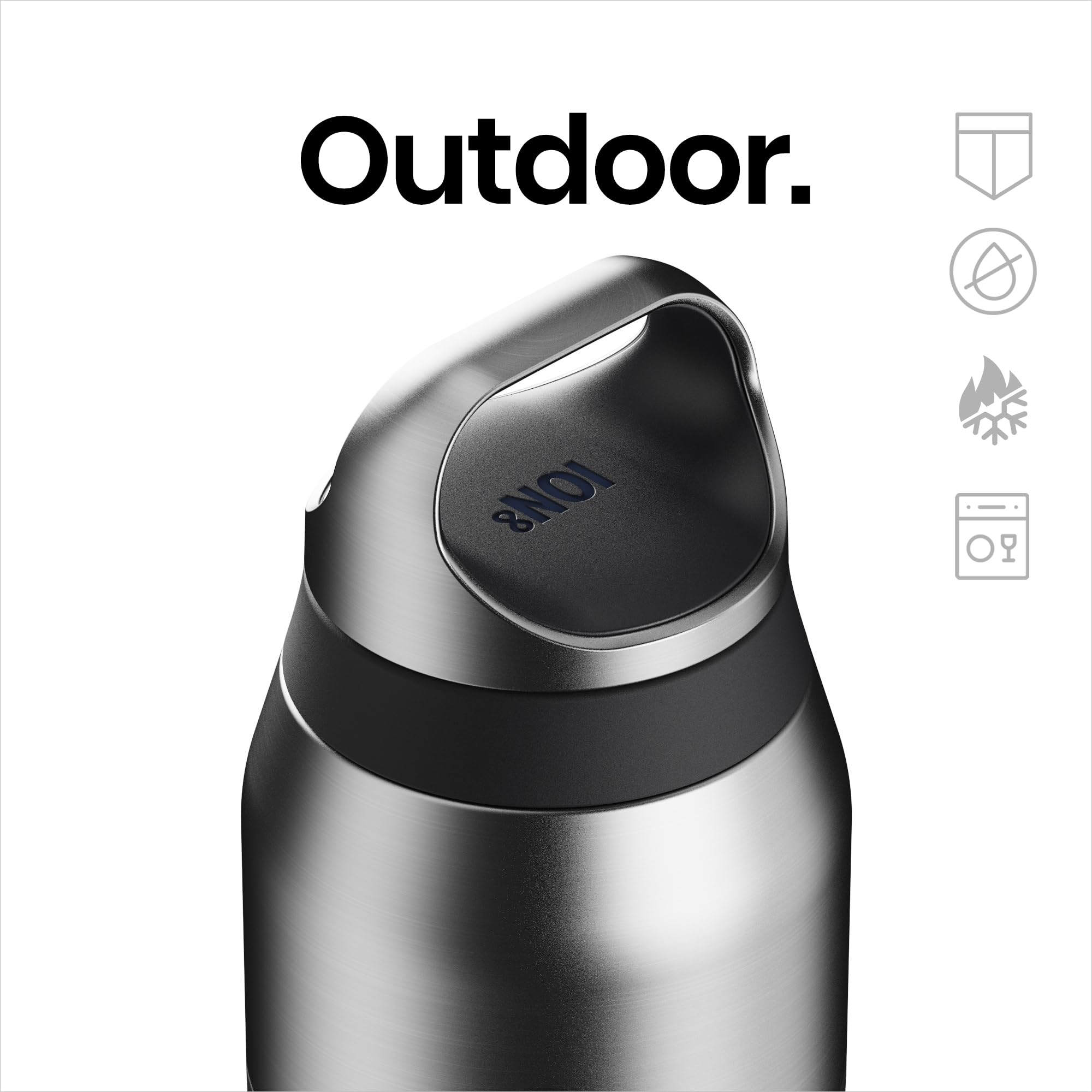ION8 PRIMO ROAM Isolierte Trinkflasche 485 ml (16 oz)- Auslaufsicherer Edelstahl, Vakuumisoliert für heiße und kalte Getränke, Drehverschluss, Spülmaschinenfest, Schwarz