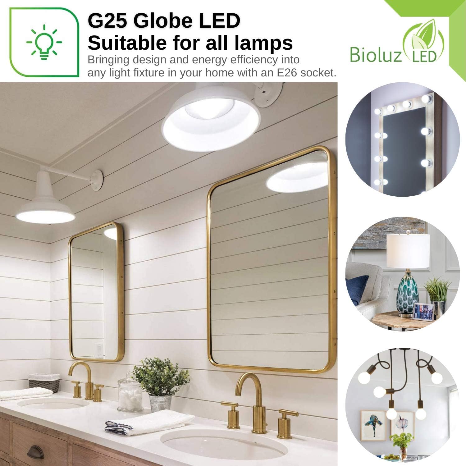 Bioluz LED G25 Globe Vanity Light Bulbs, 60W Equivalent, 2700K Warm White, 90 CRI, 450 Lumens, Dimmable, E26 Base – Bathroom Mirror Lighting 6 Pack
