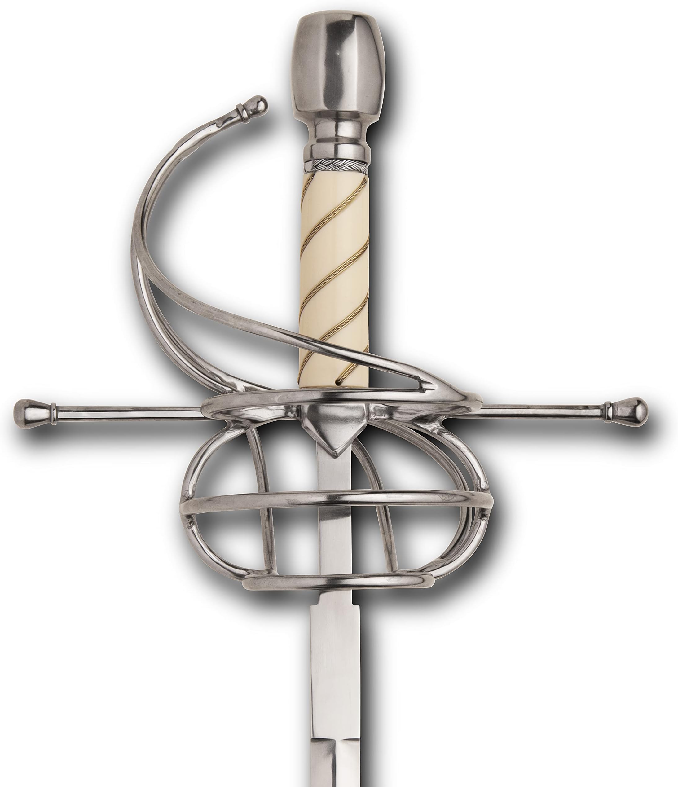 Windlass Renaissance Deschaux High Carbon Steel Rapier 3 Ring Swept Hilt Sword with Wire Wrapped Faux Bone Grip and Leather Scabbard