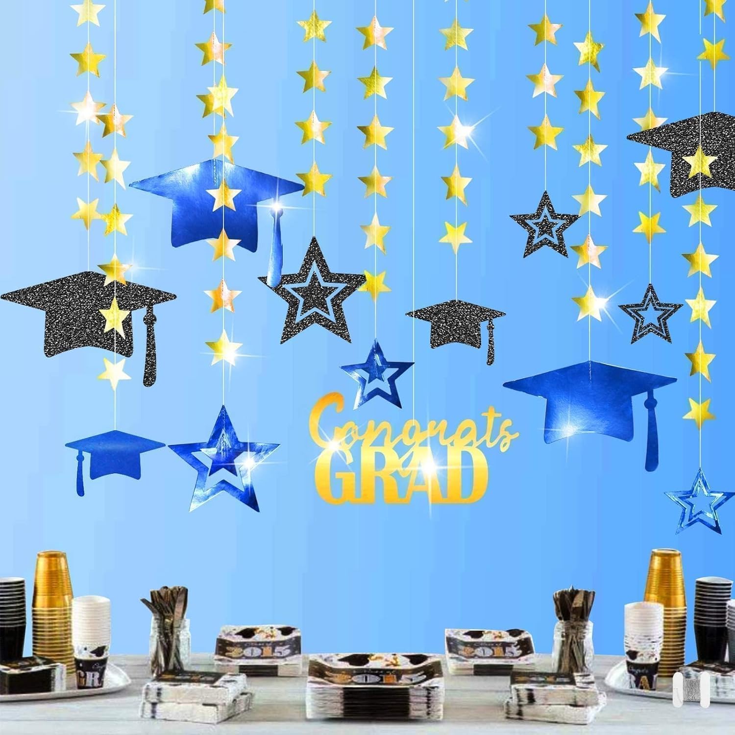 Cheerland Winter Graduation Party Decorations Blue and Gold Hanging Photo Backdrop Kit Congrats Grad Giltter 2025 Hanging Wall Banner University High School College Celebration Supplies 12Pcs