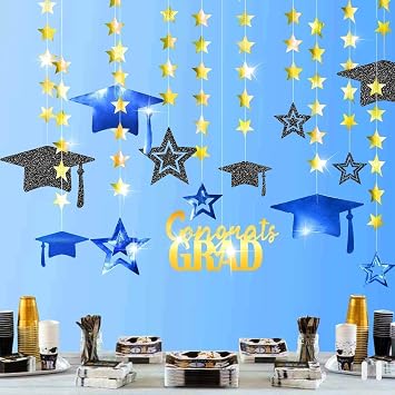 Cheerland 2026 Royal Blue Graduation Decorations Blue and Gold Graudation Garland Congrats Grad Banner Cap Grad Party Decor Prom Decoration Gold Stars Hanging Streamers Backdrop Spring Summer 13 Pcs