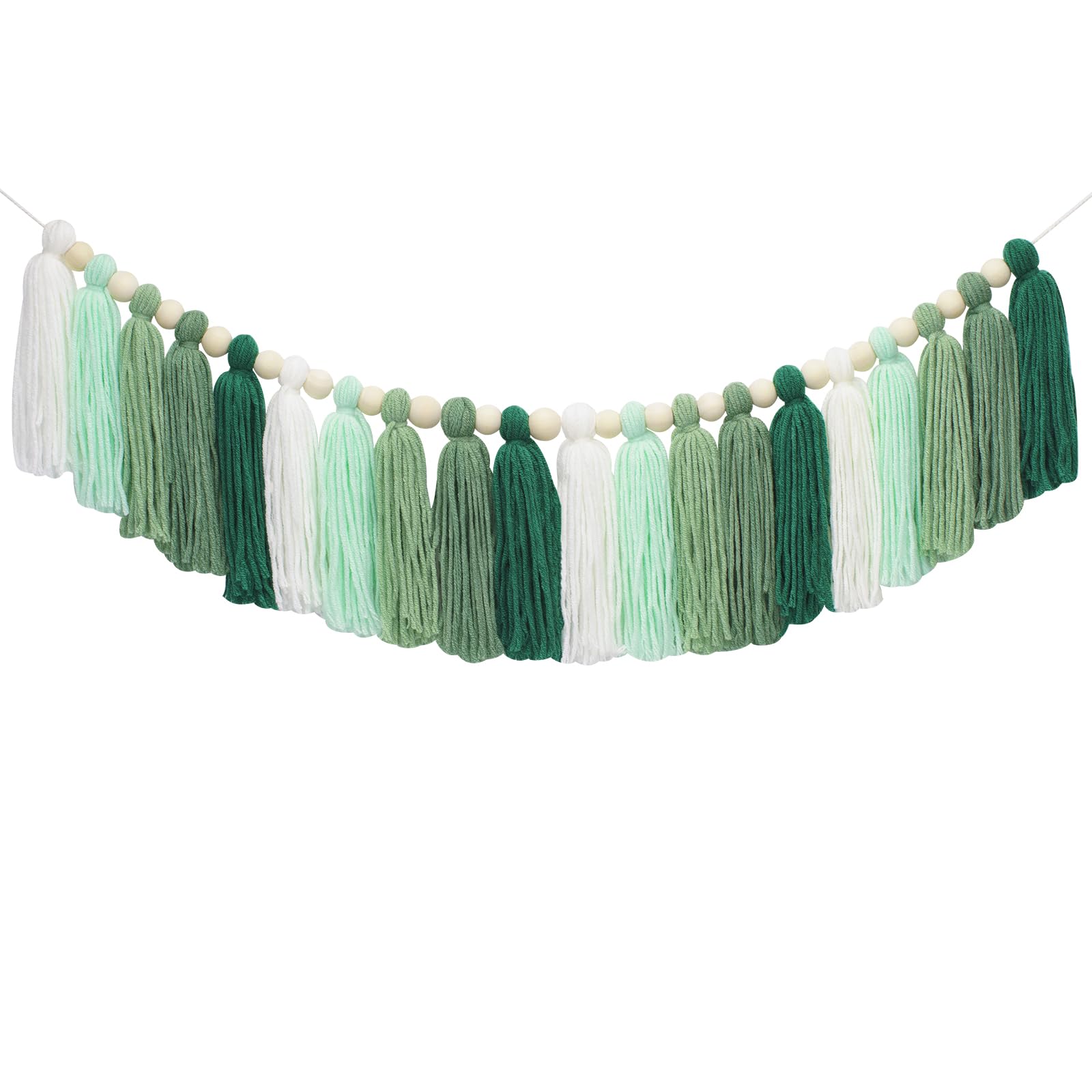 G2PLUS Green Tassel Garland, Tassel Banner with 20PCS Green Tassels, Wall Tassle Decoration Bunting with Wood Beads for St Patrick's Day,Kid's Bedroom, Spring Party Decor