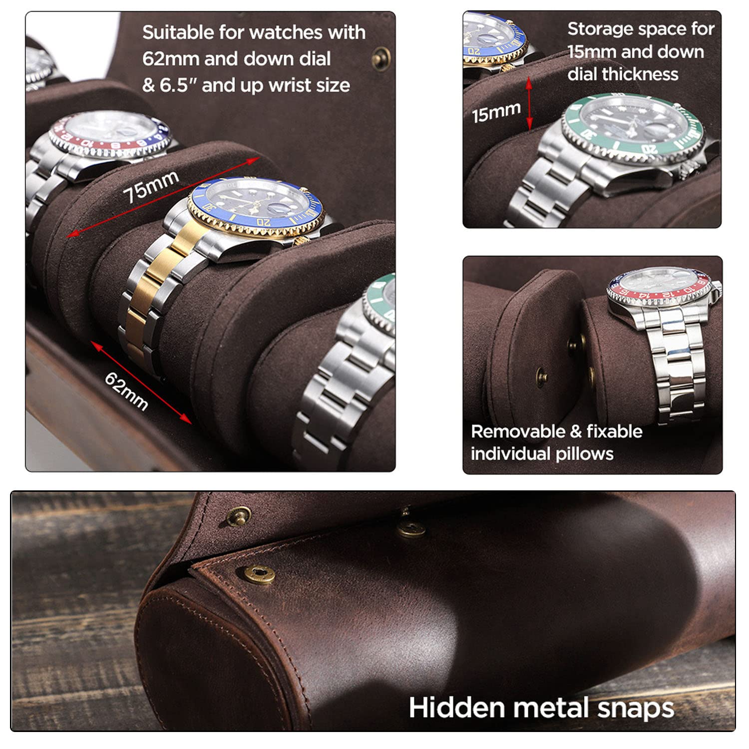 Estuche De Cuero Para Relojes - Estuche De Viaje Ovalado Para Relojes - Organizador Para Guardar Y Exponer 3 Relojes, Estuche Portátil Para Relojes De Exterior - Marrón