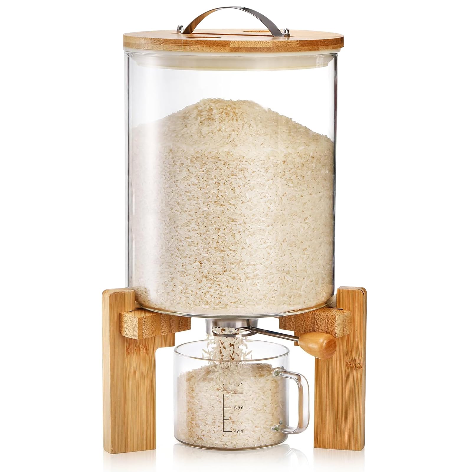 Distributeur de Riz Verre, 5L/8L Distributeur de Céréales avec Tasse à Mesurer, Récipient Stockage Riz avec Couvercle Scellée, Grande Capacité - Gain de Place (8L)