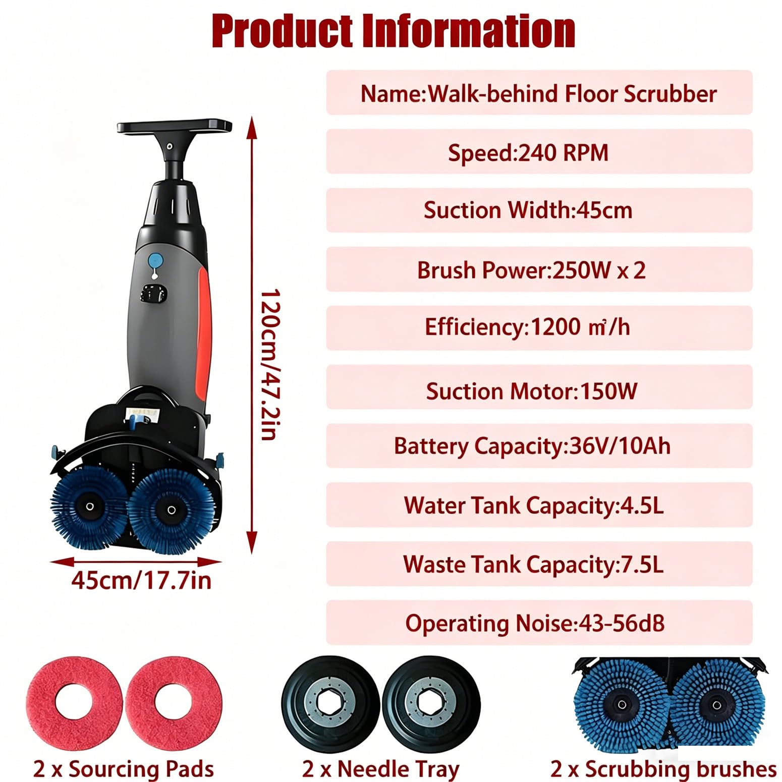 Fregadora de Suelos Comercial, fregadora de Suelos autopropulsada de 45 cm de Ancho, 80 Minutos de autonomía, batería de 36 V. White