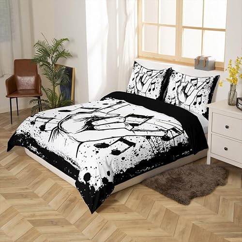 Miniatura 4 de Juego de cama con funda de edredón de música rock, temática musical, funda de edredón con estampado de notas musicales, tamaño Queen, juegos de ropa