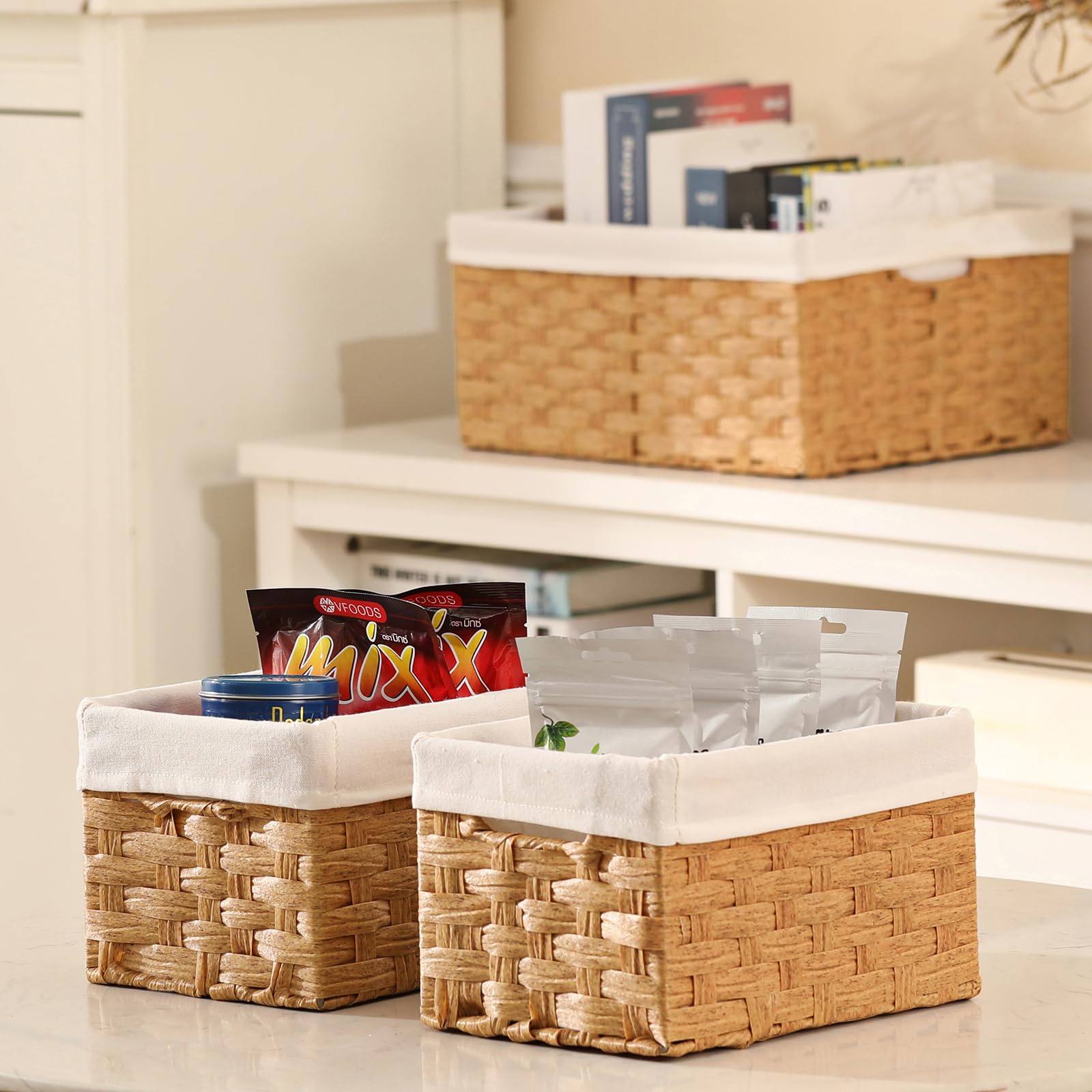 Vagusicc Wicker Storage Basket, Set of 3 Woven Wicker Baskets with ...