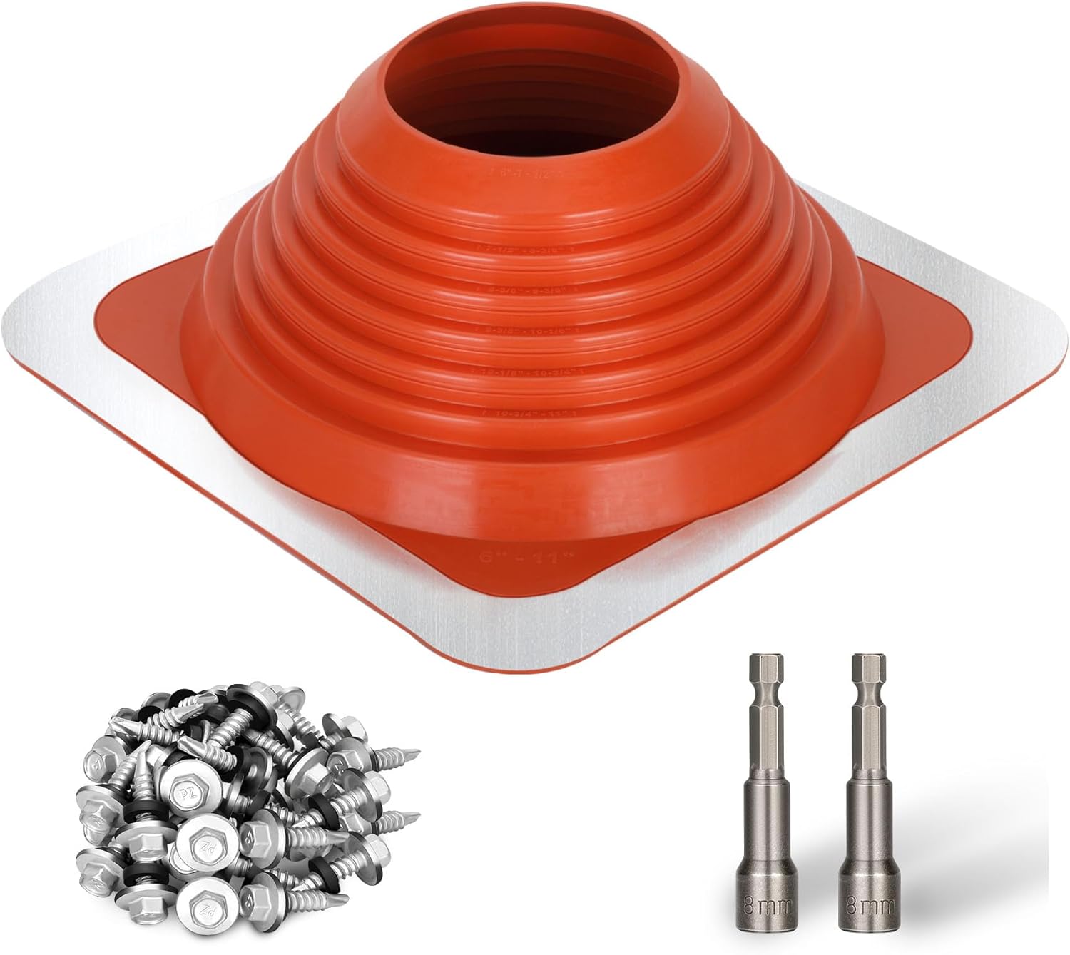 #7 Metal Roof Pipe Flashing Boot, Metal Roofing Pipe Flashing Boot Fits Pipe OD 6″ to 11″ Wide, Includes Flexible Silicone High Temp Roof Vent Boot, Hex Socket x2, Roofing Screw x50, Square Base, Red