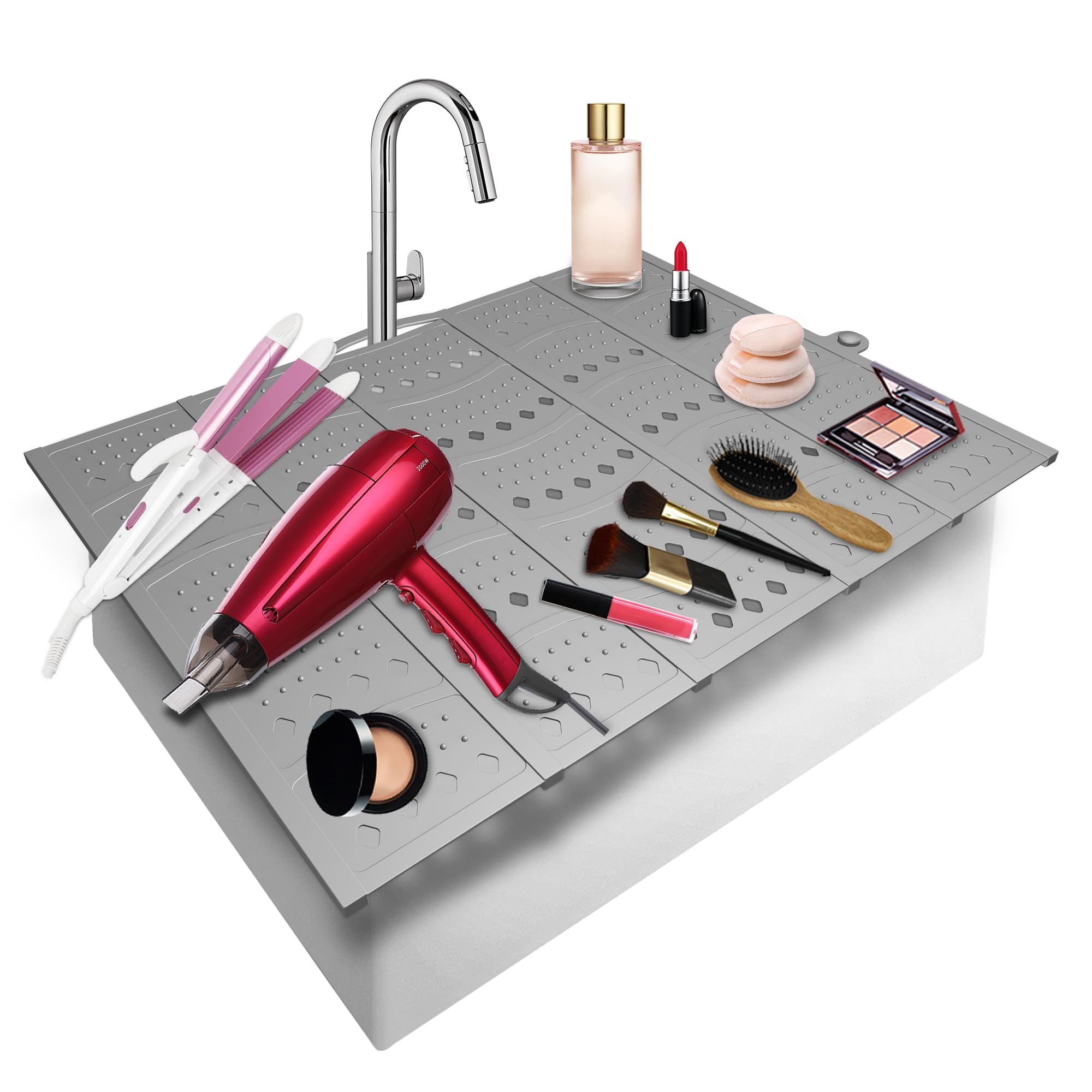 Mofason Bathroom Sink Top Cover Space Saver,Silicone Makeup Organizer Mat for Over Countertop,Small Bathroom Must Haves Accessories Rv Camper Travel Foldable Gadgets-Grey