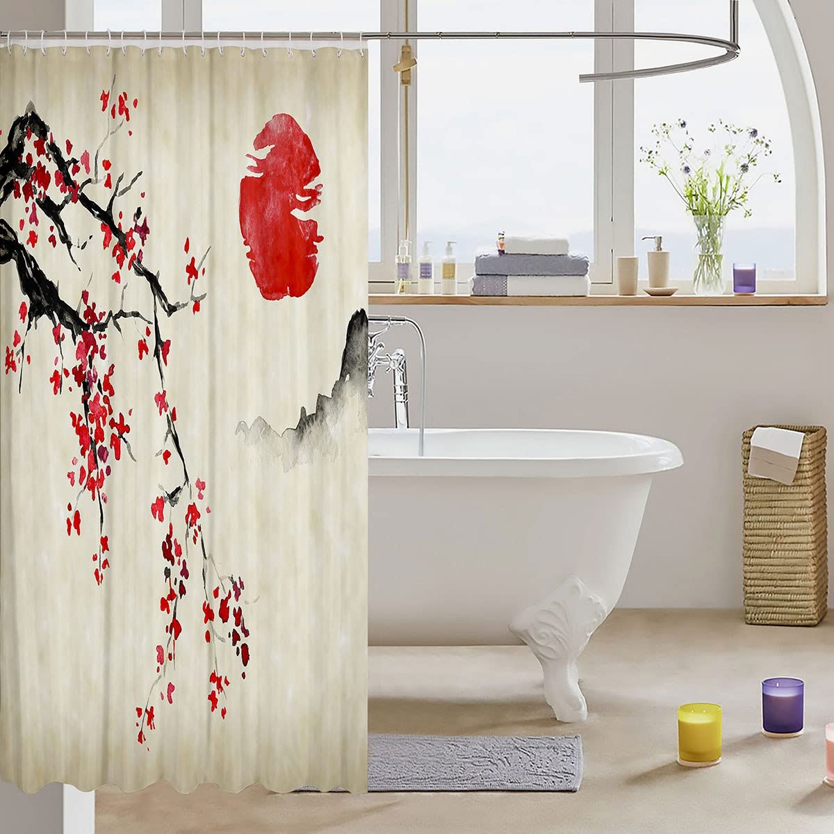 Tenda da doccia con fiori di ciliegio rosa con ganci, tessuto asiatico rosso prugna fiore rosso, tenda da bagno decorativa per bagno bancarelle vasca da bagno, avorio 182,9 x 182,9 cm