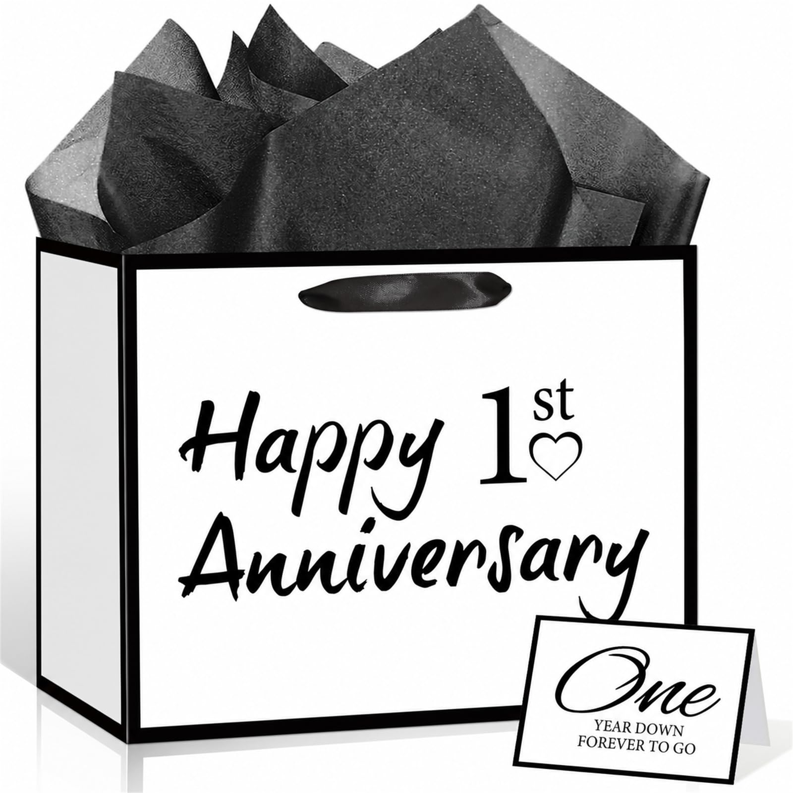 Happy 1st Anniversary Paper Gift Bag with Card & 3 Sheets Black Tissue Paper, Double Sided "One Year Down" First Anniversary Present Bag for Couple Husband Wife, Large Luxury Gift Wrap