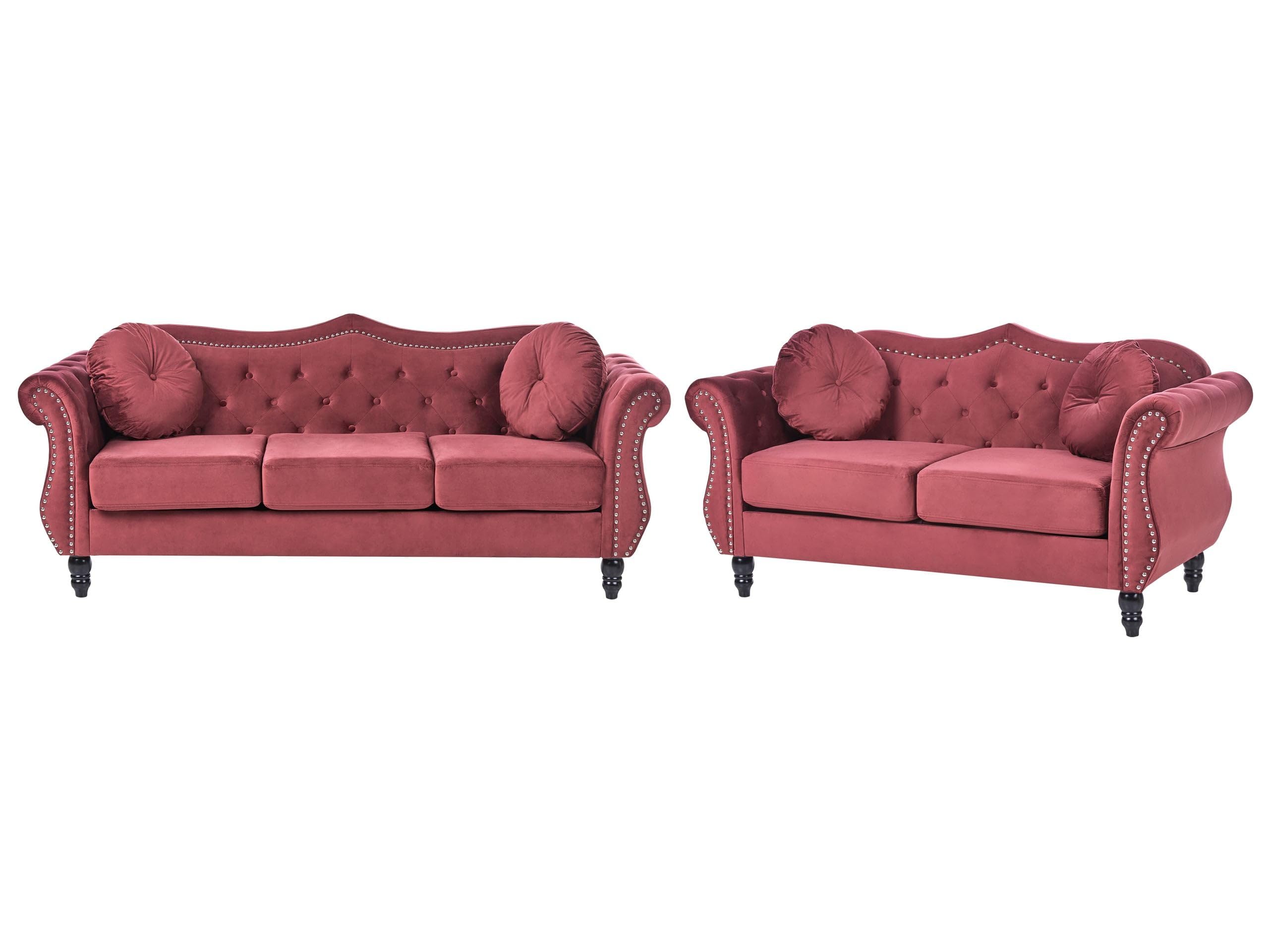 Ensemble 2 Canapés Chesterfield 3 Et 2 Places Velours Bleu - Style Vintage Glamour Beliani