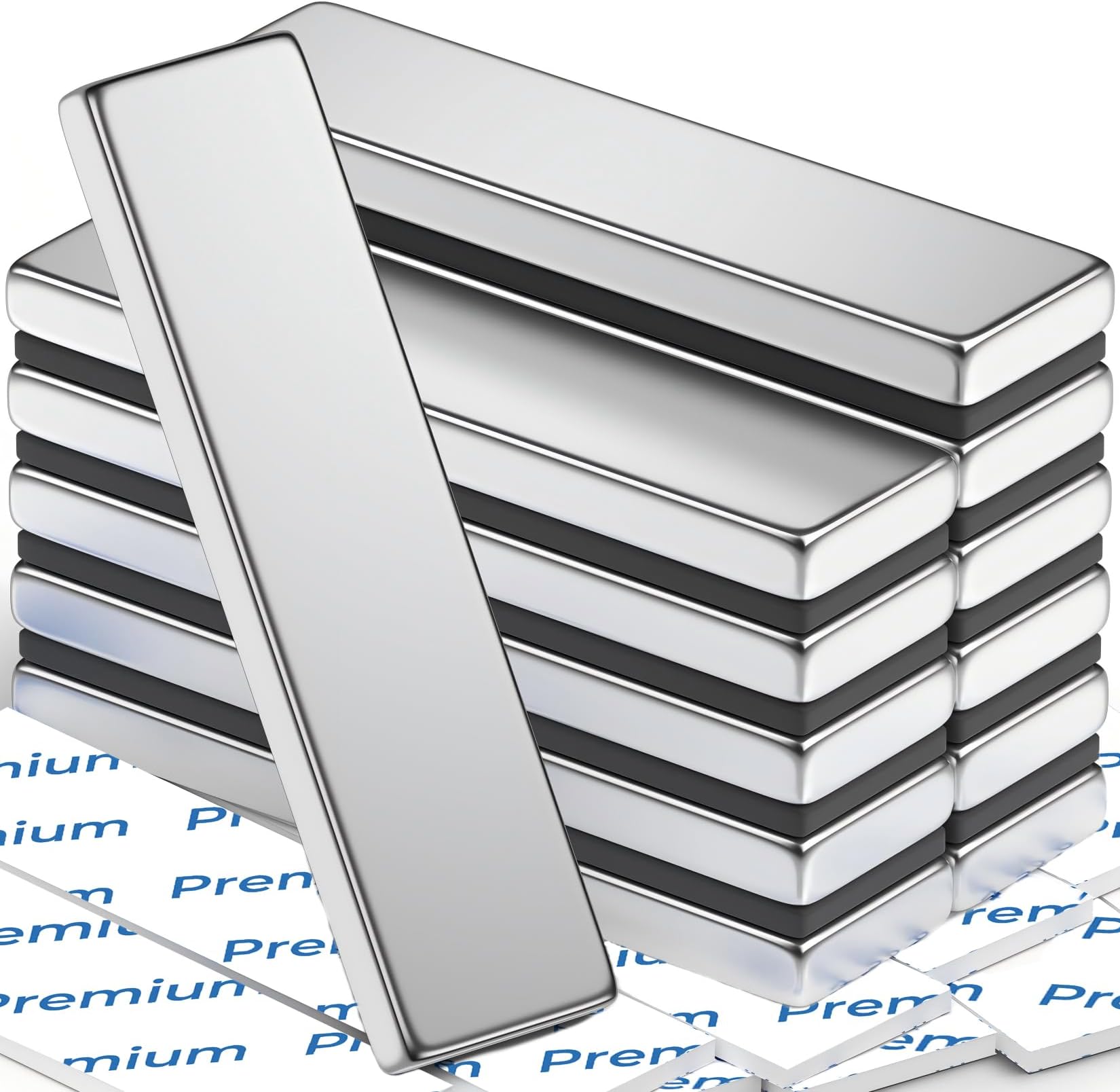 12 Pack Strong Neodymium Magnets, Powerful Permanent Rare Earth Bar Magnet with Double-Sided Adhesive, Heavy Duty Magnet Bar Flat Neodymium Magnets for Kitchen, Tool, DIY, Office-40x10x3mm