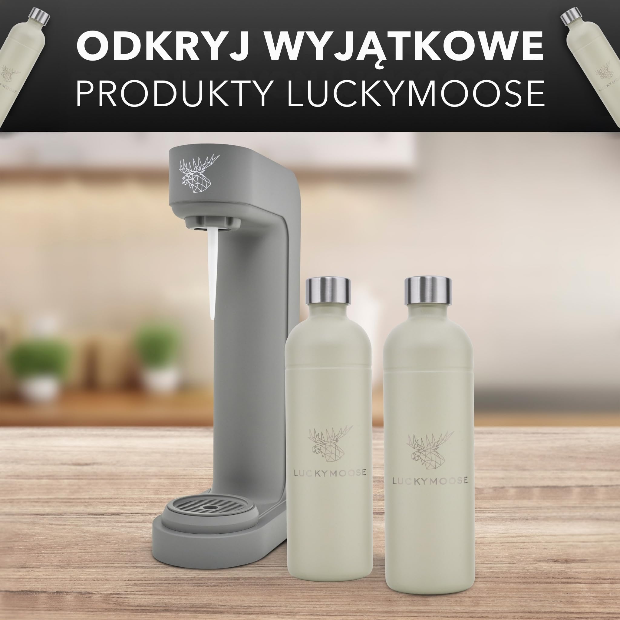 Luckymoose Infinity saturator do wody z 2x 1,25L trwałymi butelkami ze stali nierdzewnej do zmywarki – oszczędna maszyna do wody gazowanej – kompatybilny z niebieskimi cylindrami CO₂ 60l