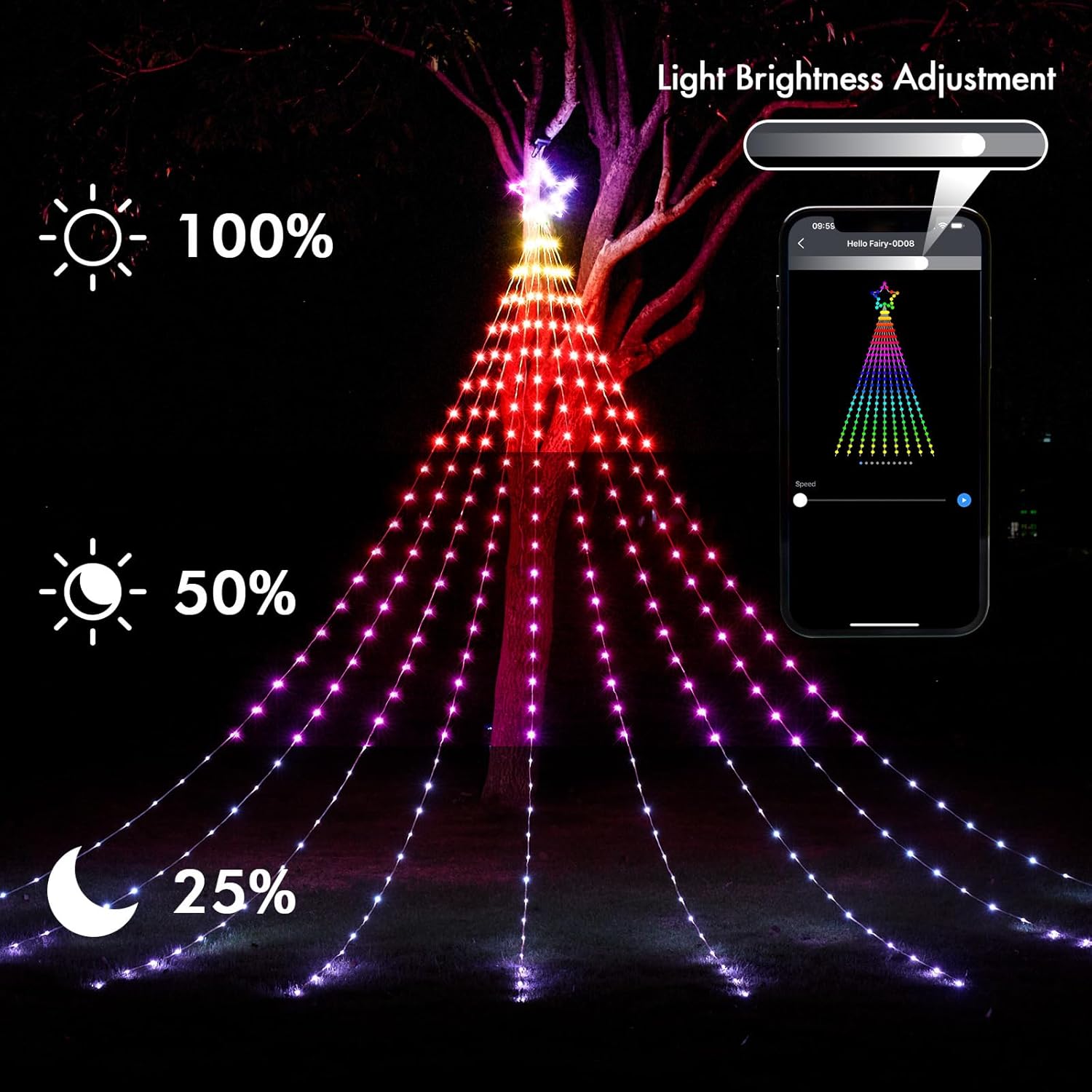 HOLILLUMA 16.4FT Outdoor Christmas Decorations, Smart RGB Color Changing Christmas Hanging Waterfall String Lights, APP Remote Control, DIY Multi-Color Lightshow, Music Sync, Outside Xmas Lights Decor