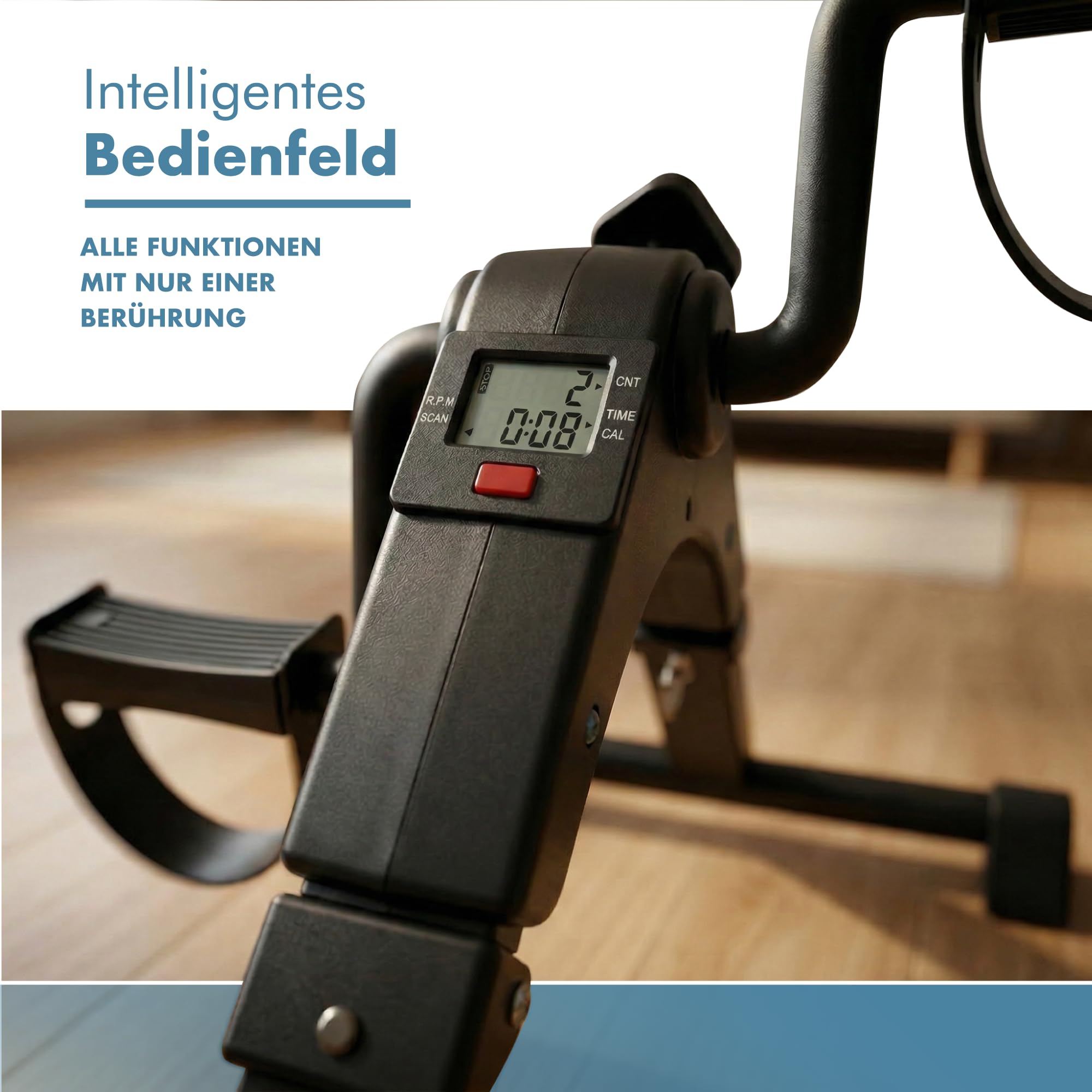 PORTENTUM Pedaltrainer für Senioren elektrisch motorisiert – 12 Geschwindigkeiten und Fernbedienung – Beintrainer im Sitzen mit Matte und LCD-Display – Kompakter Mini Heimtrainer