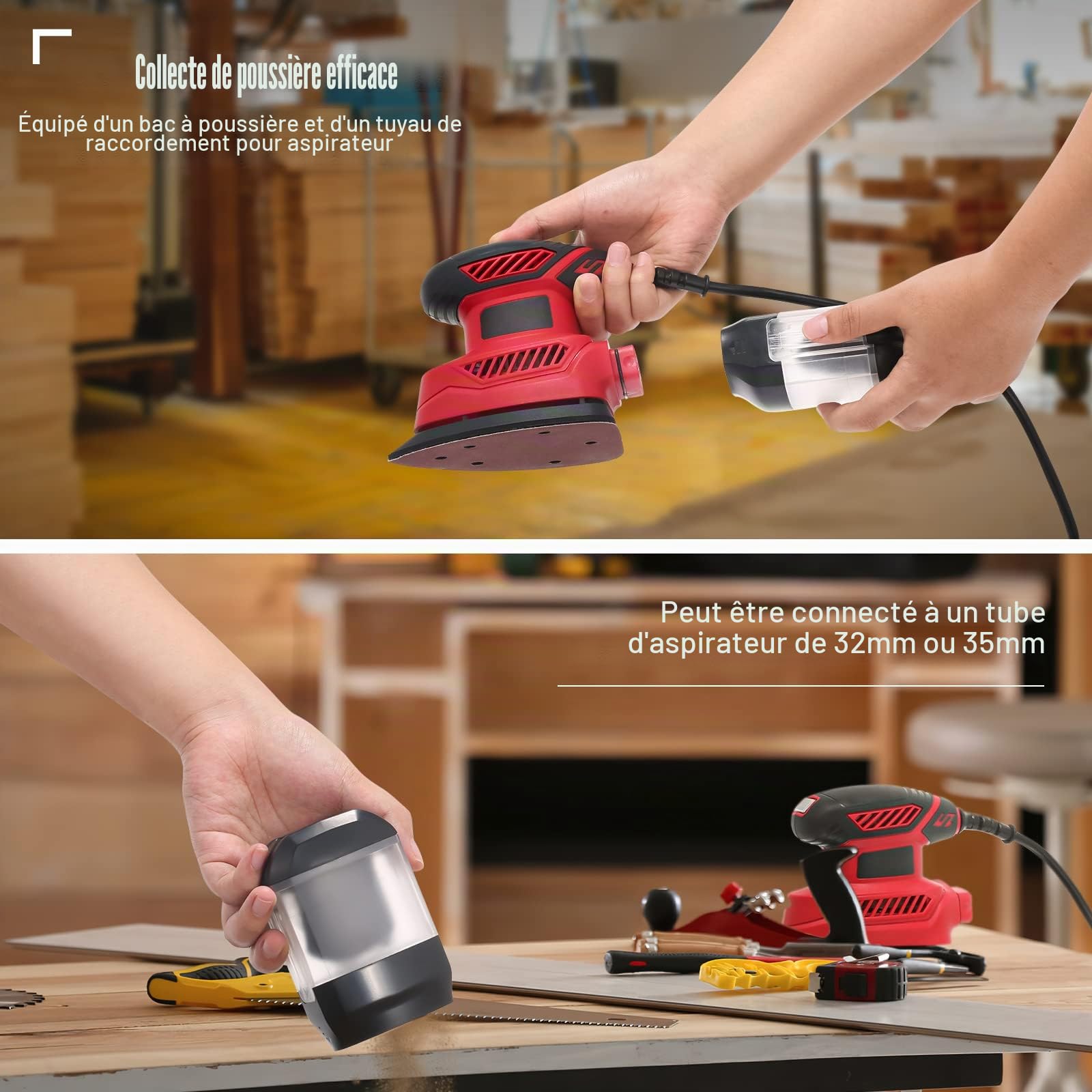 Ponceuse 130W 14000RPM Ponceuse Delta Avec 20 Papiers Abrasifs, 1 Boîte à Poussière, 1 Raccord Sous Vide, Pour Polir les Murs, le Bois, la Peinture, les Meubles, le Métal, le Ciment