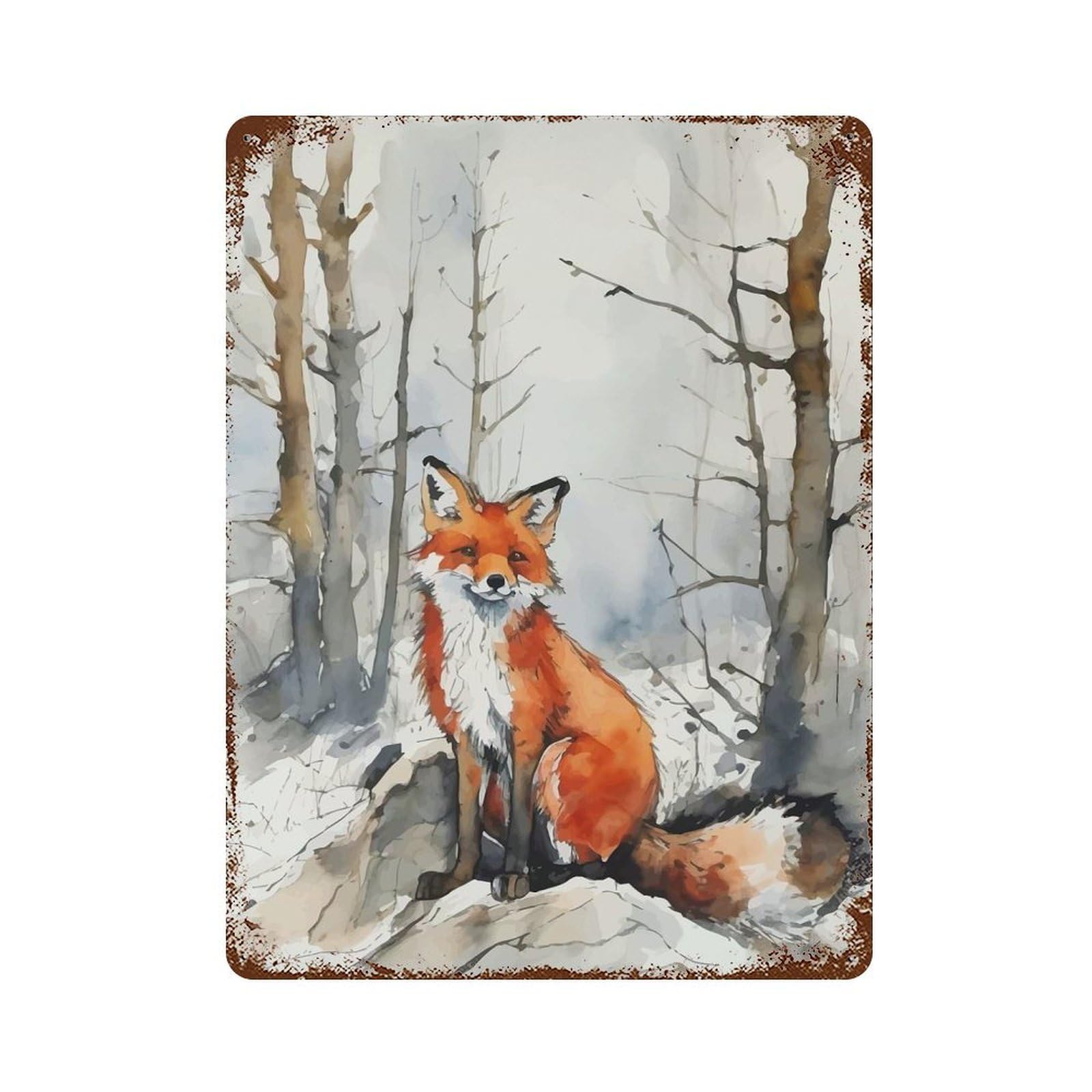 Distressed Metal Wall Sign Red Fox in Winter Forest 15.7"x11.8", Vintage Wall Decor for Cafe, Home Bar And Lounge Decor
