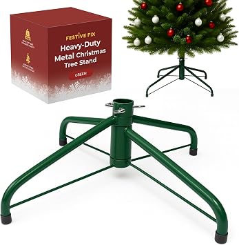 Festive Fix Metal Christmas Tree Stand 22x40cm   Heavy-Duty Foldable Base with Adjustable Screws, Sturdy Support for 4ft 6ft Artificial Trees   Anti-Slip Rubber Feet   Available in Green & White