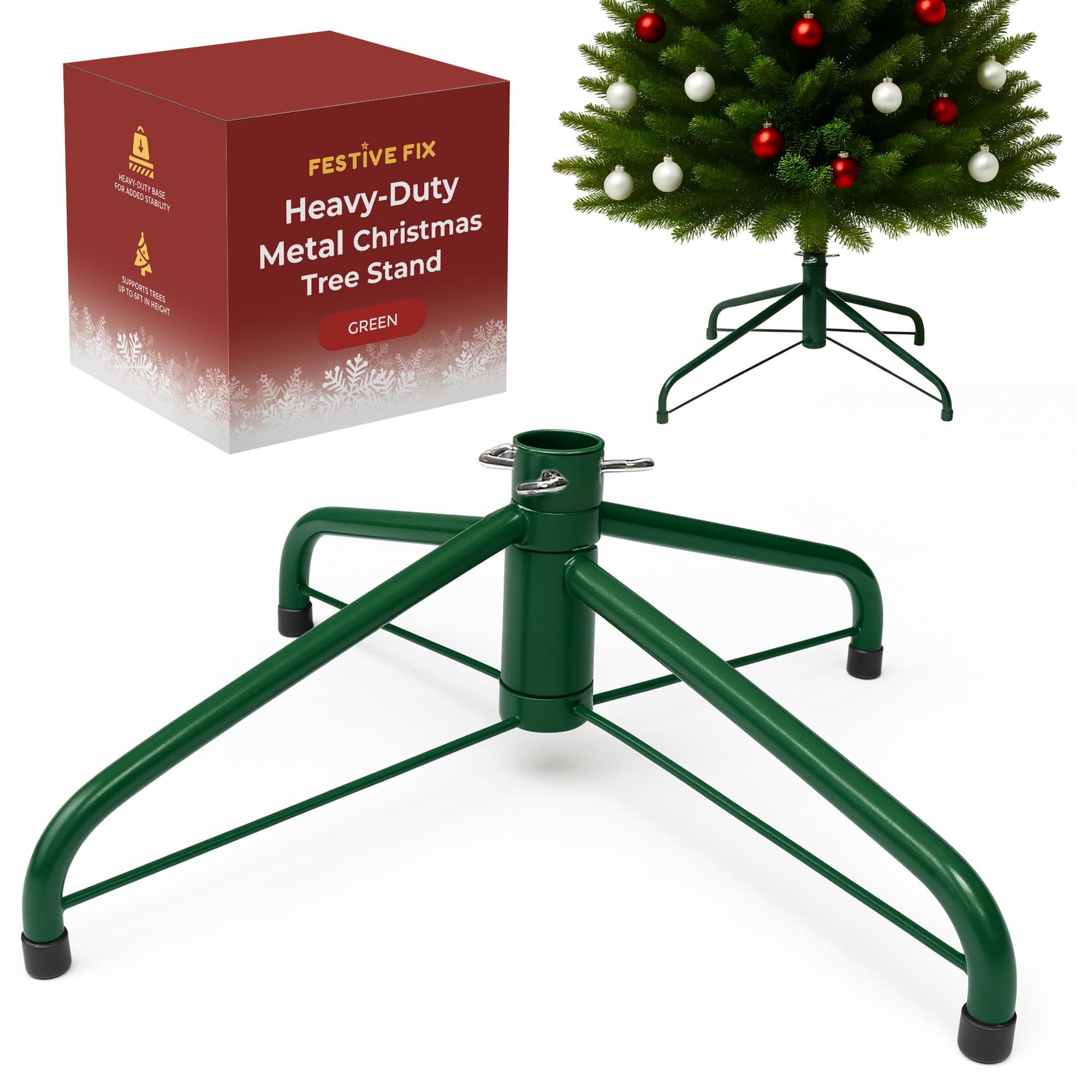 Festive Fix Classic Green - Artificial Tree Stand Metal Christmas Tree Stand 22X40cm – Heavy-Duty Foldable Base With Adjustable Screws, Sturdy Support For 4Ft–6Ft Artificial Trees – Anti-Slip Rubber Feet – Available In Green & White