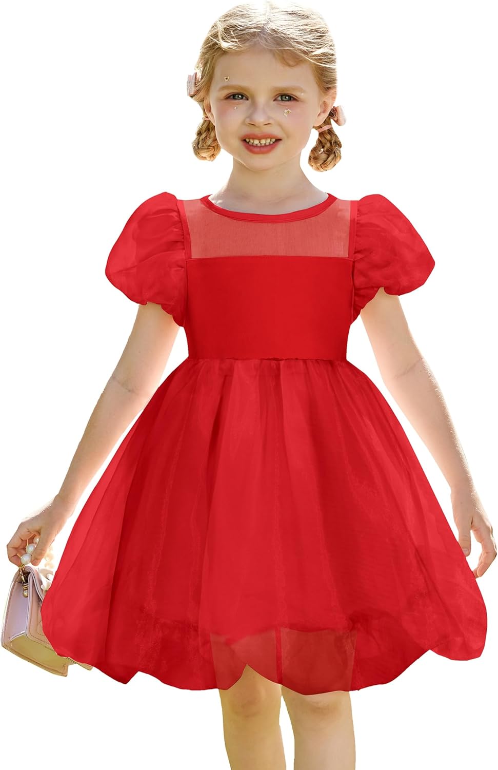 Arshiner Toddler Girls Dress Contrast Mesh Puff Short Sleeve Flowy Bubble Hem Organza Casual Party Dresses Size 2-6