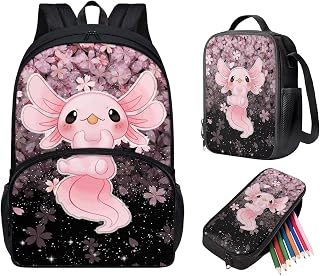 Sakura Axolotl Backpack with Lunch Box for Girls Middle School Cute Bookbags Kids Back to School Bags Pencil Case Toddler Kindergarten Backpack
