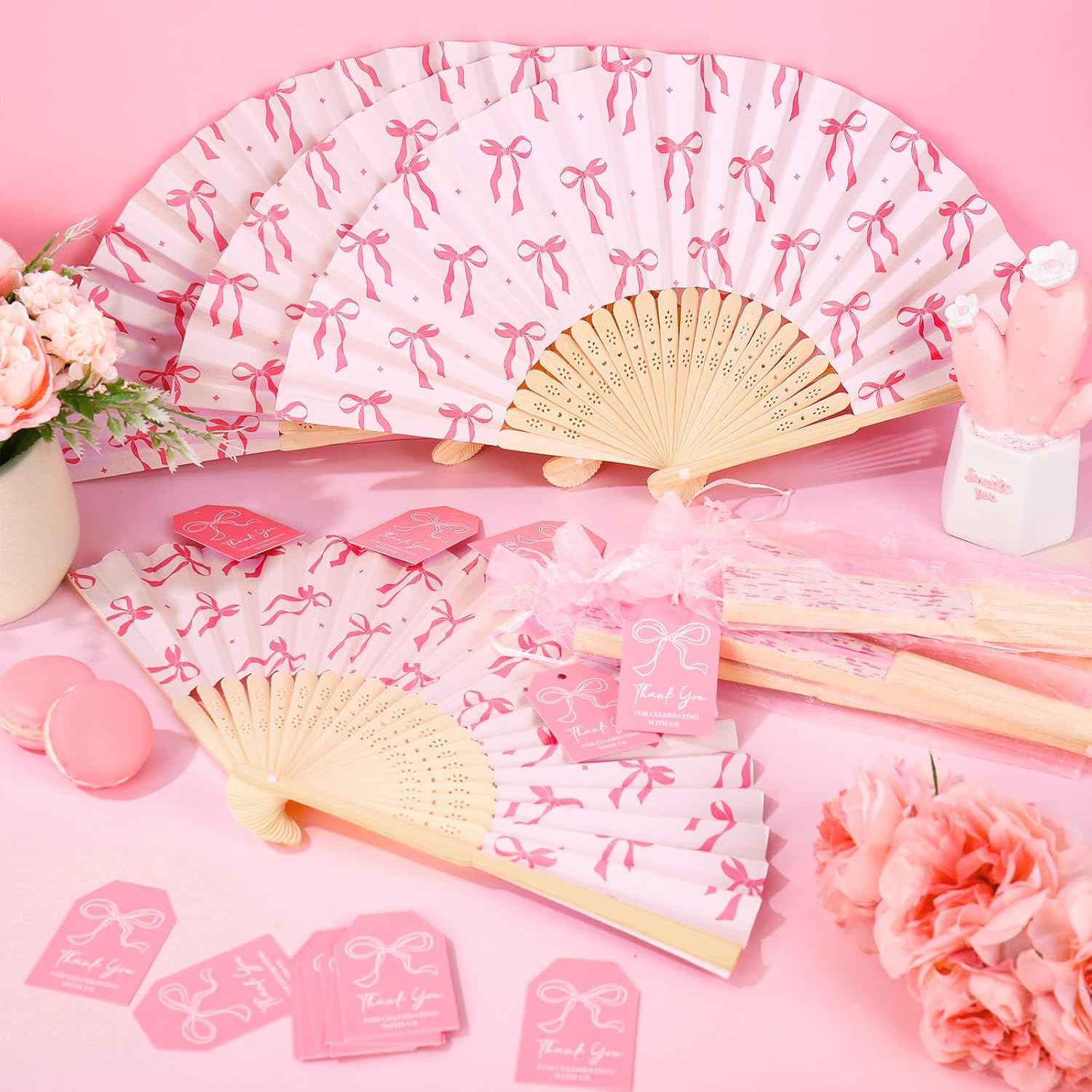 JarThenaAMCS 24 Set Pink Bow Folding Hand Fan with Thank You Tags Organza Bags Coquette Bow Paper Fans Decorative Handheld Fans for Birthday Bachelorette Bride Shower Party Favors