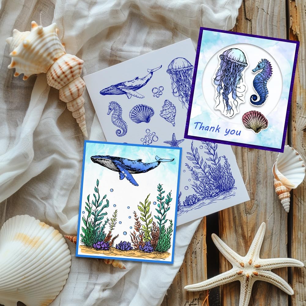 PH PandaHall Sea Animals Clear Stamp for Scrapbooking, Shell Seahorse Starfish Silicone Stamp Jellyfish Sea Grass Transparent Rubber Stamp for Card Making Decoration, Book, Journal, Gift Tags