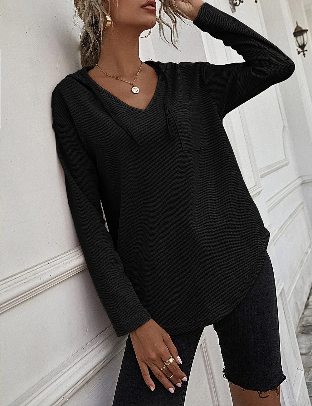 Cuptacc Felpa Donna con Cappuccio 2024 Maglione Scollo A V Autunno Maglia Manica Lunga Camicia Elegante