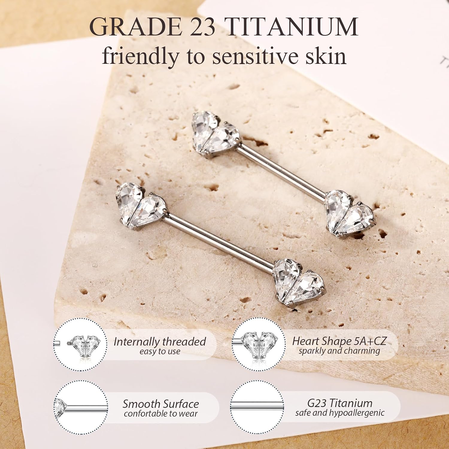 PEAKLINK 14G Titanium Nipple Jewelry 1 Pair Nipple Barbell Heart Shape Cubic Zircon Nipple Rings Internally Threaded Straight Nipple Bars Bridge Piercing Tongue Jewelry