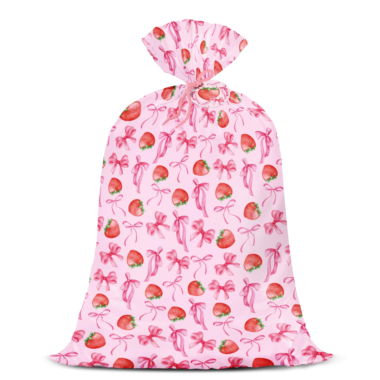 WRAPAHOLIC 56" Large Strawberry Bow Plastic Gift Bag - Pink Bow and Sweet Strawberry Jumbo Bike Bag Gift Wrap for Women Girls Birthday, Baby Shower, Wedding, Bridal Shower - 56" H x 36" W