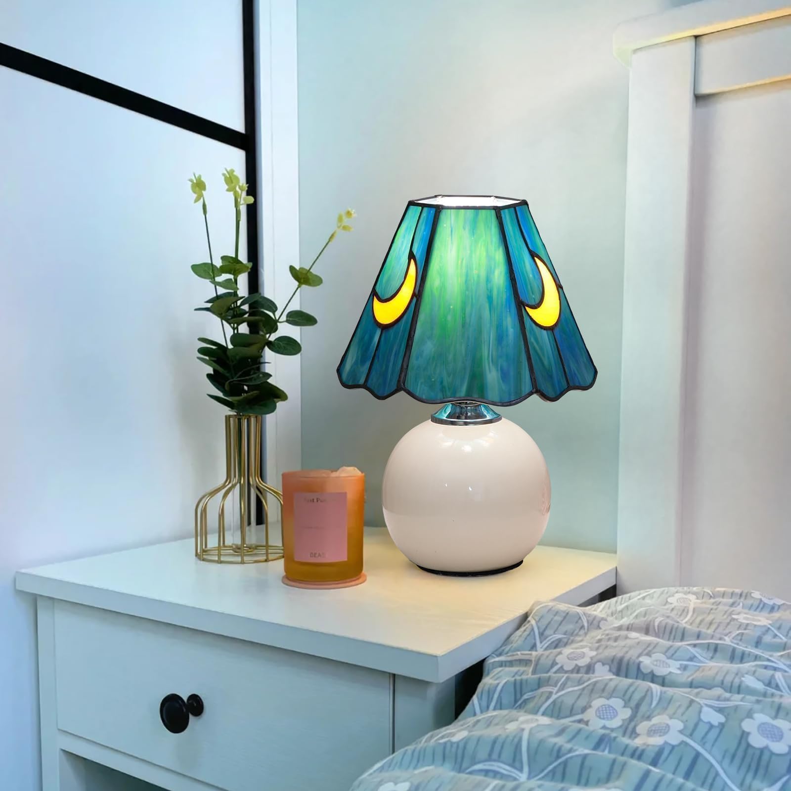 Tiffany-Lampe, Buntglas-Tischlampe, Pilz, Mond, niedlich, klein, Nachttischlampen für Wohnzimmer, Heimdekoration, einzigartige ästhetische Wohnzimmer-Dekoration, Mädchen, Meerblau