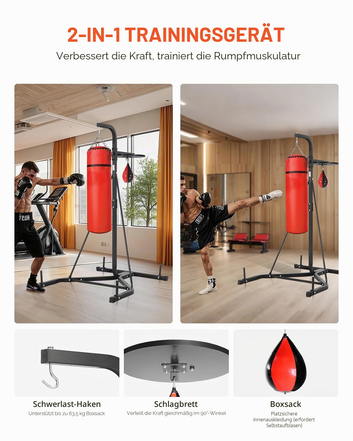 VEVOR 2 in 1 Boxsackständer Trainingsgerät Sandsackgestell aus Stahl, höhenverstellbare Boxsackhalterung (65 kg belastbar), Fitnessgerät Standboxtrainer Speedbag-Ständer für Fitness-Studio